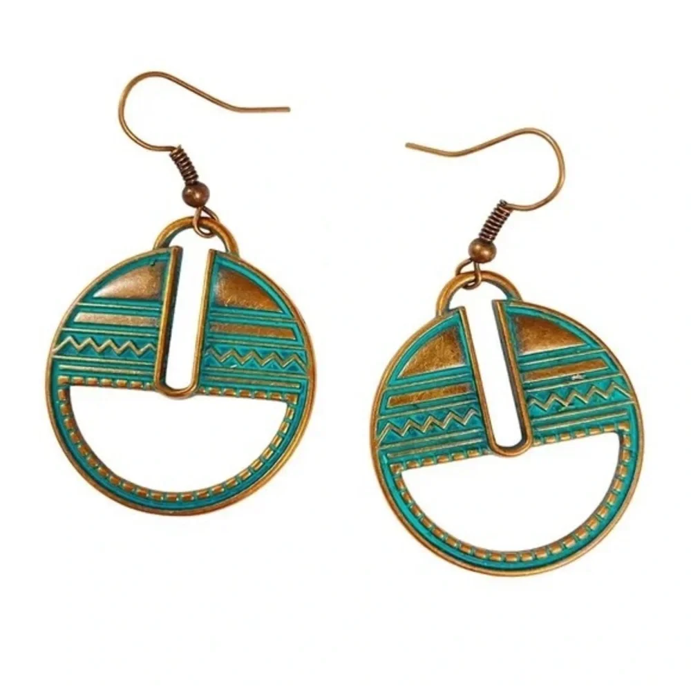 New Womans Turquoise Patina Round Metal Tribal Style Bronze Dangle Hook Earrings